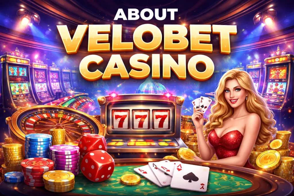About Velobet Casino illustration with roulette, slot machine, poker cards and chips representing online casino games and bonuses for UK players