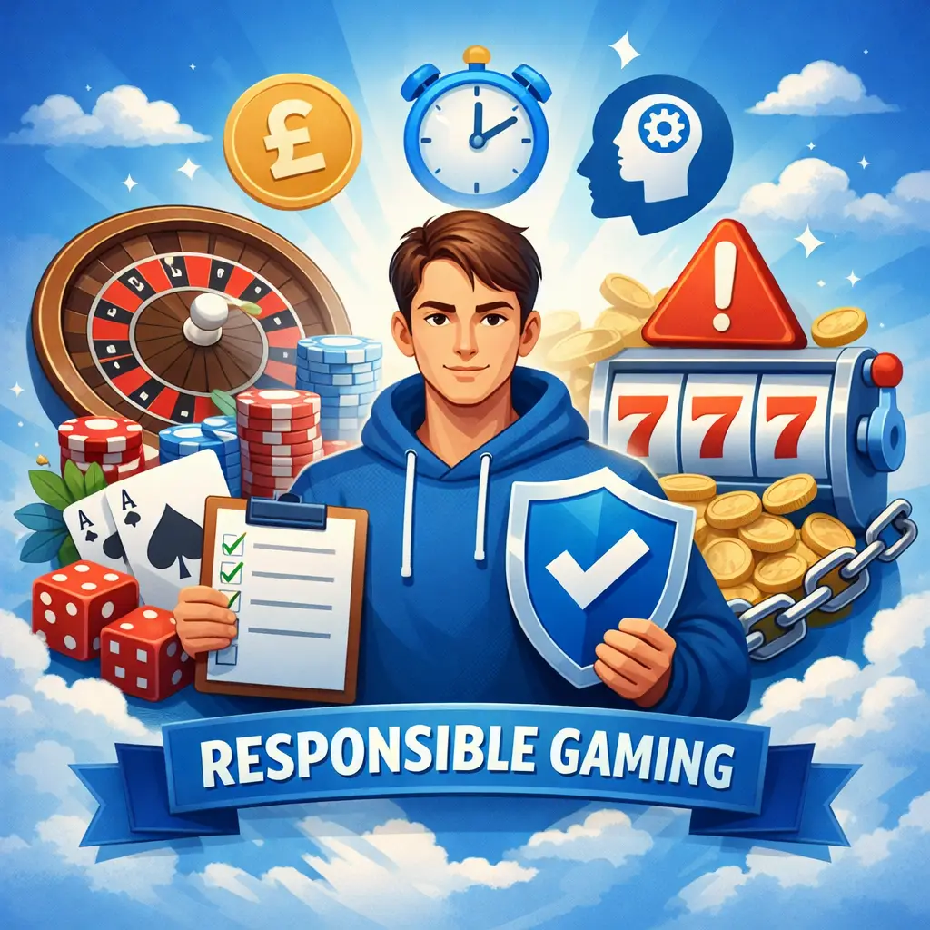Responsible gaming illustration with casino elements, player protection icons, roulette, slots and chips representing safe gambling practices in the UK