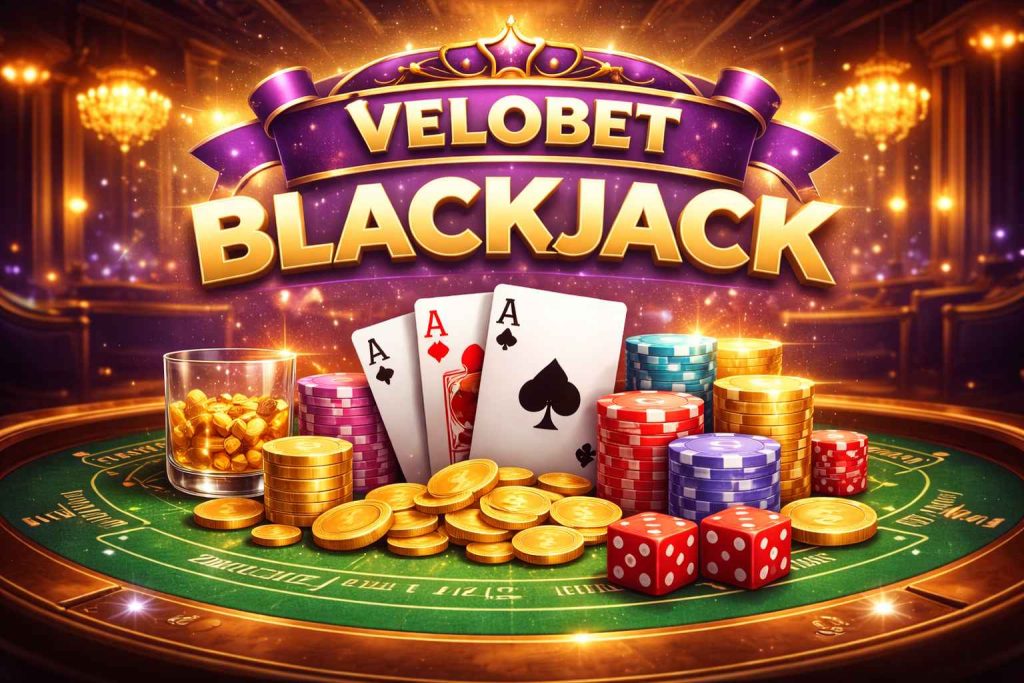 Velobet Casino Blackjack banner featuring playing cards, casino chips, golden coins, dice, and a luxury blackjack table with glowing purple and gold background