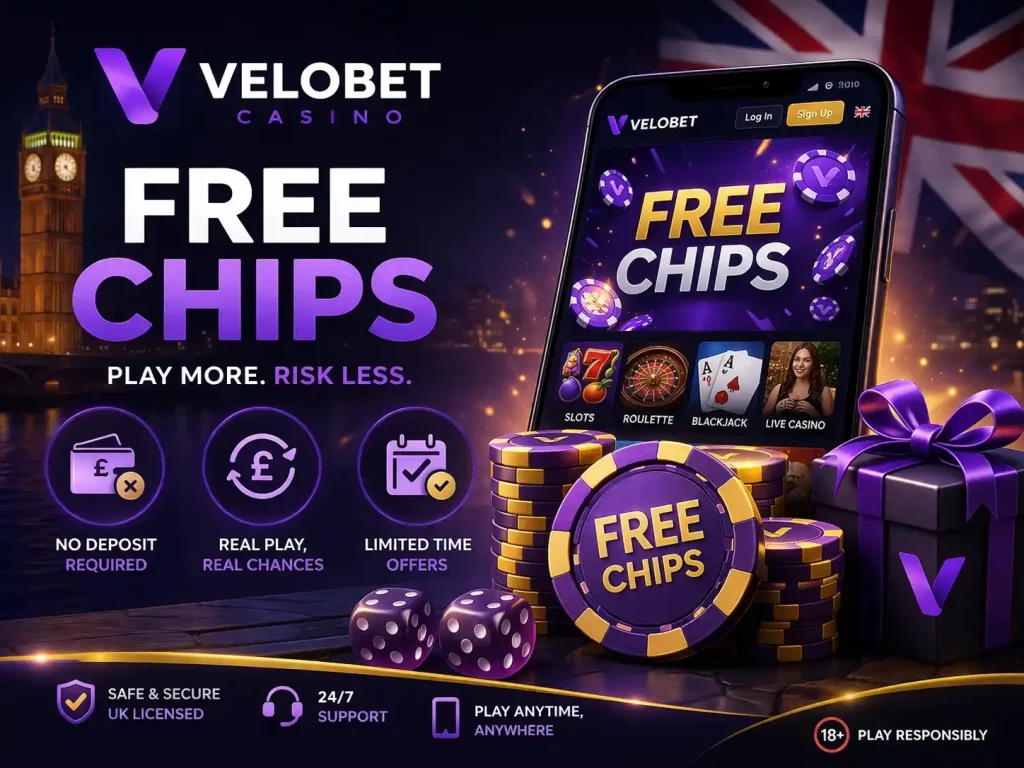 Velobet Casino Free Chips promotion with casino chips, playing cards, glowing neon design and UK-themed background