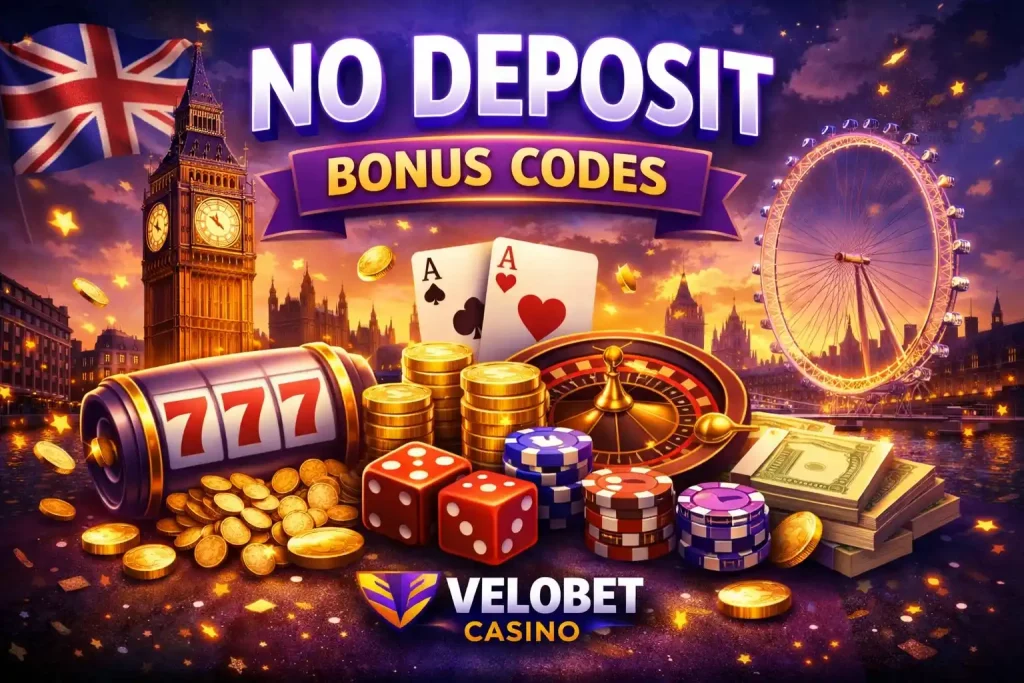 No Deposit Bonus Codes at Velobet Casino UK with London skyline, casino chips, roulette wheel, playing cards and glowing promotional banner