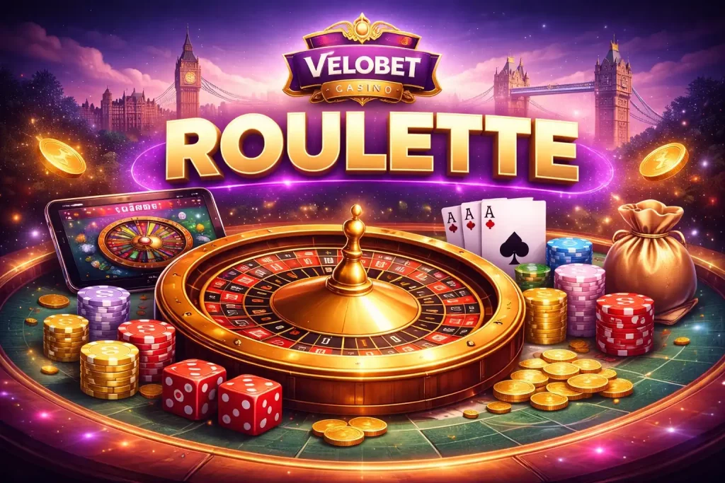 Velobet Casino Roulette banner featuring a glowing roulette wheel, casino chips, dice, coins, and UK-themed background with London landmarks
