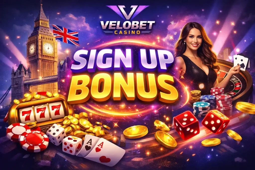 Velobet Casino Sign Up Bonus UK with London landmarks, casino chips, slot machine, roulette wheel and glowing promotional banner