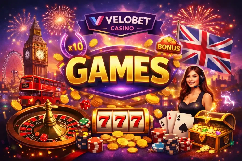 Velobet Casino Games UK – online casino illustration with roulette wheel, slot machine, poker cards, gold coins and British theme with London skyline and Union Jack