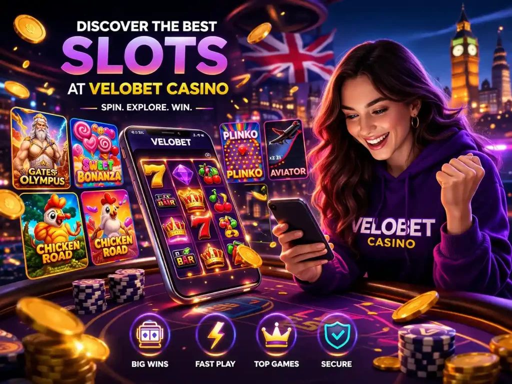 Velobet Casino Slots UK – mobile slot gameplay with neon purple theme, gold coins, and popular games like Gates of Olympus, Sweet Bonanza, Aviator, Plinko, and Chicken Road displayed on screen