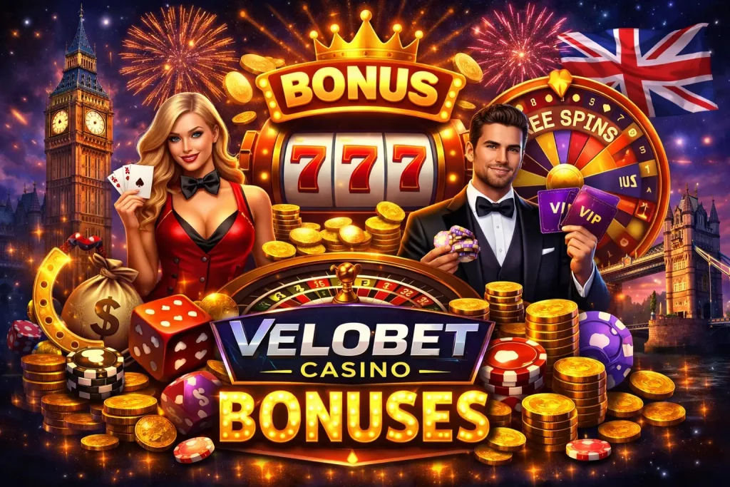 Velobet Casino bonus illustration with free spins, VIP rewards, roulette, slot machine and casino chips UK