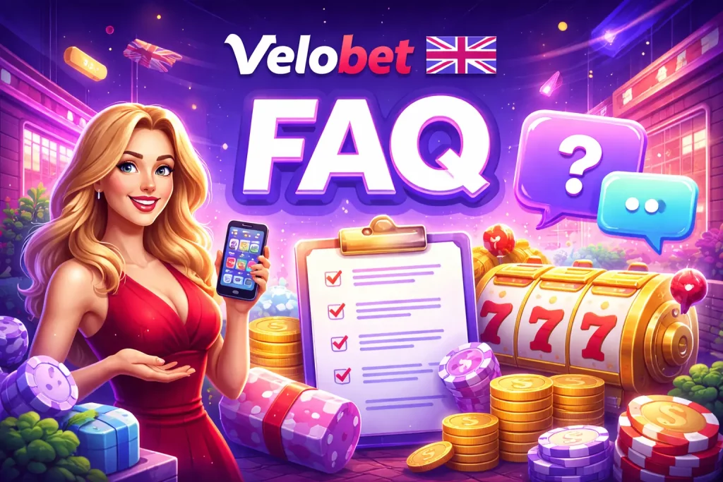 Velobet Casino FAQ UK banner with casino elements, checklist and support concept illustration