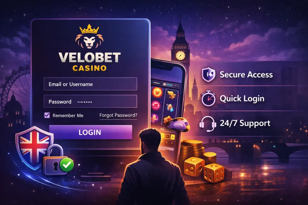 Velobet Casino login page illustration with secure account access, fast sign in, UK theme and online casino interface