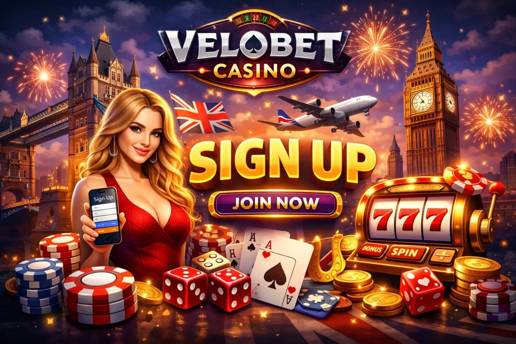 Velobet Casino sign up illustration with registration form, casino chips, slot machine and UK theme online casino